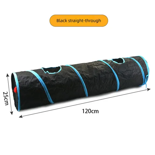 Black Straight-Through Cat Tunnel Play Set with Collapsible Design, Interactive Ball & Durable Fabric – Ideal for Indoor Cats to Exercise and Explore