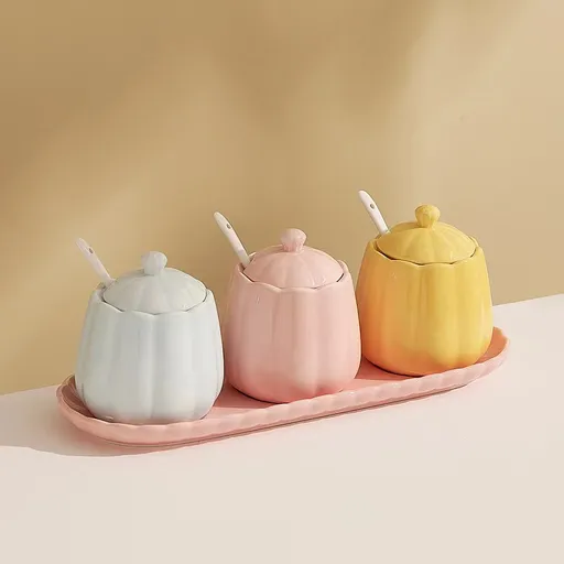 3 Pack Ceramic Spice Jars with Lids and Spoons, 300 ml Sugar, Salt and Seasoning Containers for Kitchen Counter, Multicolour