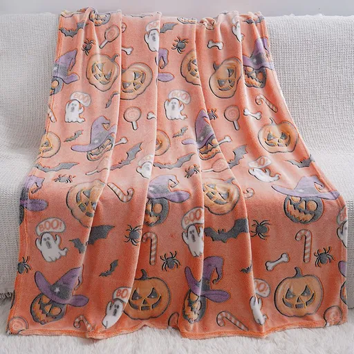 Glow in the Dark Flannel Blanket with Playful Hallowen Pumpkin (S144 / 150 x 200CM) - Versatile Soft Plush Magic Throw Blanket, Durable High Density Woven & Machine Washable for All-Season Use