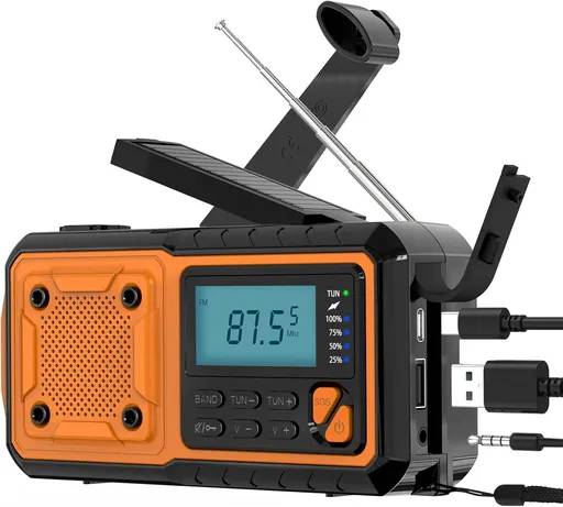 Hand-crank emergency radio - Portable AM/FM and shortwave radio - Supports charging via solar power/USB/hand crank - Equipped with a 4000 mAh rechargeable battery - Flashlight - Reading light and SOS emergency signal - Suitable for survival - Hiking