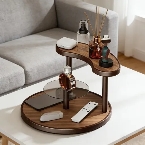 Three-tier Rotating Cosmetic Organizer, Wooden Bathroom Vanity Storage Rack, Suitable for Skincare Products, Perfumes, and Cosmetics — A Space-Saving Countertop Display Stand. Perfect for Placing on Coffee Tables, Office Desks, （Walnut-colored acry