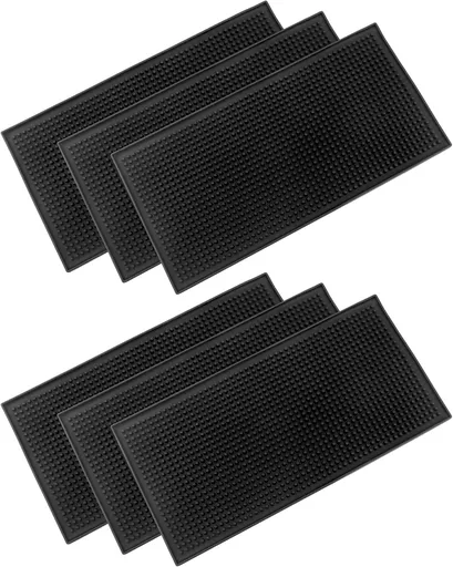 12"x6" Black Rubber Bar Mat – 6 Pack Non-Slip Drainage Pad for Coffee Stations, Home Bars & Kitchens