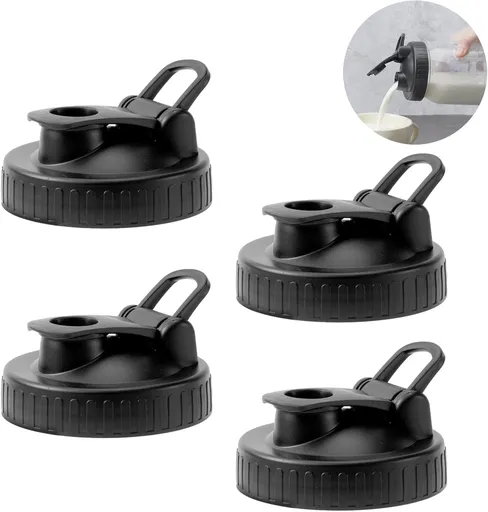 Pour Spout Lids for Ball Regular Mouth Mason Jars, Airtight Canning Jar Flip Cap Top Lid for Drinking, Salad, Dressing Pouring, Leak-Proof, Black Pack of 4