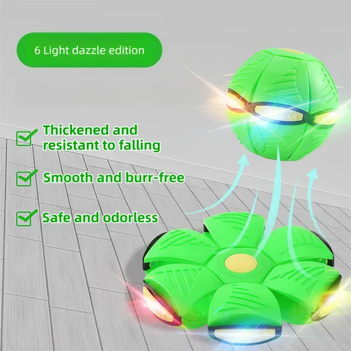 Green LED Transforming Flying Disc Ball Toy with Music & 6 Light - Soft EVA Bounce Ball and Frisbee Shape Switchable Outdoor Interactive Soccer Toy for Exercise and Fun