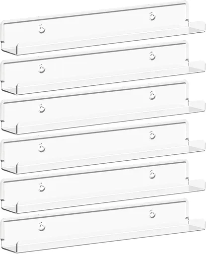 Narrow Floating Shelves for Vinyl Record 6 Pack, 12" Clear Wall Shelves for Nail Polish/Book/Picture/Makeup, Acrylic Wall Display Shelf Organizer for Bedroom, Living Room, Bathroom Decor