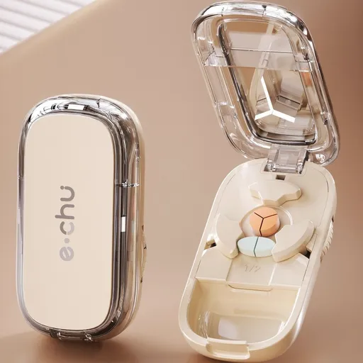 Pill Cutter 2 Piece Portable ABS Tablet Divider Multi Cutting Options Cream White