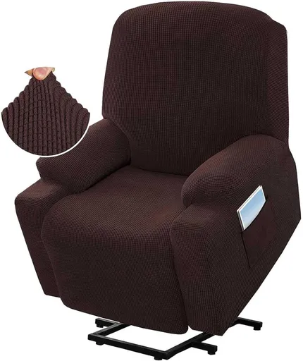 Recliner Slipcover High Stretch Soft Jacquard Fabric with Side Pocket for Standard Power Lift Recliner Chair Brown, Letter A Option