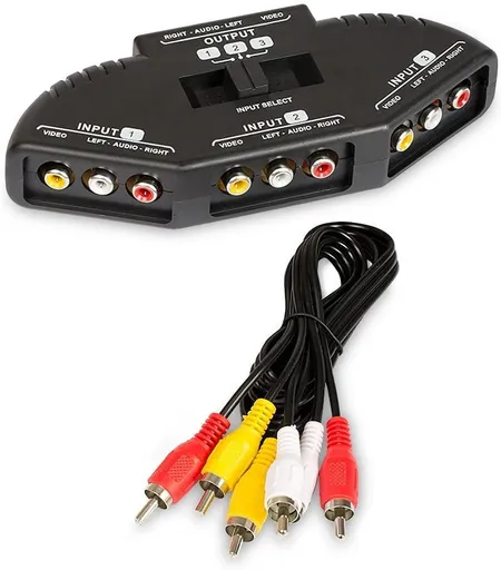 3 Way Port RCA Audio and Video Composite AV Switcher Selector Distribution Switch Box (3 Input 1 Output) for Wii, Xbox, DVD, PS2, Cable Box