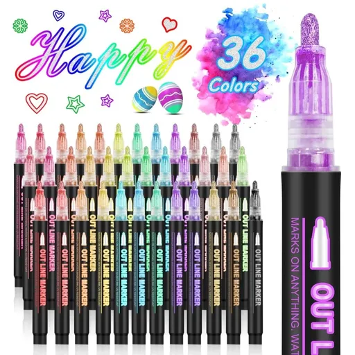 Double Line Outline Markers 36 Colors Super Squiggles Outline Marker Pen Set Self Outline Metallic Markers Glitter Writing Drawing Pens For Birthday Greeting Card 10ml