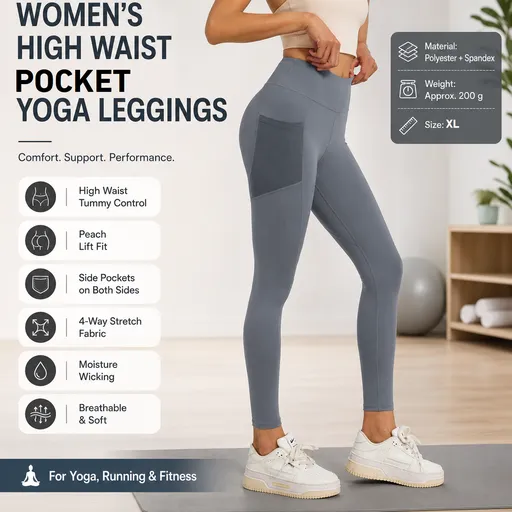 Grey XL Size Women's High Waist Yoga Leggings with Mesh Side Pockets - Squat Proof, Peach Hip Lift, Breathable Stretch Fabric for Gym Running 、Pilates Wea and Daily Wear