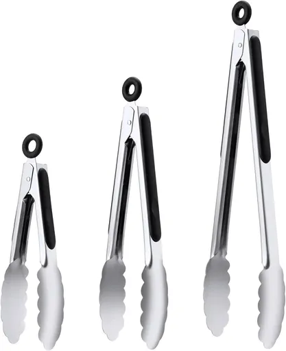 3 Pcs Stainless Steel Kitchen Tongs Set (7" 9" 12"), Heavy Duty Food Grade Cooking Tongs with Lock for Grilling & BBQ (Black)