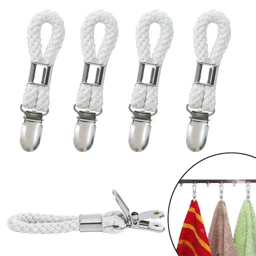 4 Pack Towel Hook Holder Braided Cotton Loop Towel Hangers Metal Clip Towel Hangers Rack Hand Towel Hook Tea Towel Holders