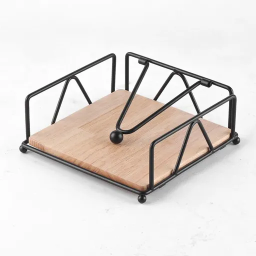 Flat Napkin Holder Metal Napkin Holder with Weighted Arm and Wood Base Napkin Dispenser Tissue Holder for Kitchen Dinning Table