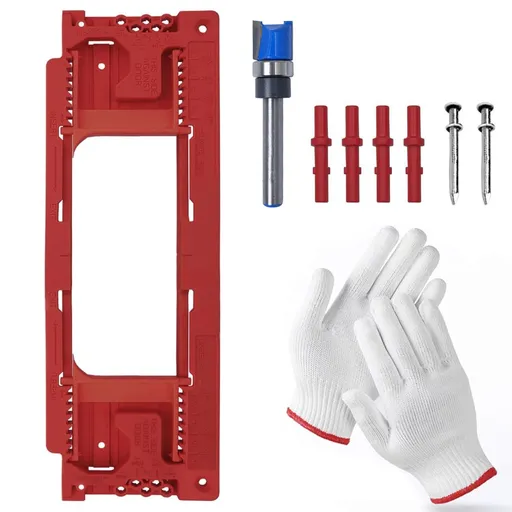 Adjustable Door Hinge Routing Template Jig Kit with Alloy Trimming Bit and Locating Pins for Woodworking Door Frame Mortise Installation (Red+ Gloves Set)