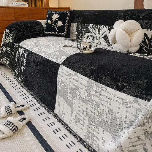 Vintage Jacquard Chenille One-Piece Sofa Cover Throw - Reversible Furniture Protector Decorative Blanket with Tassel Edging for All-Season Use, 180 X 420CM Patchwork Black White