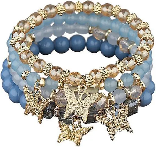 4pcs Set Bohemian Butterfly Crystal Stone Stretch Pendant Bracelets For Women Girls Gold Beaded Stackable Stretch Bracelet Colorful Charm Jewelry