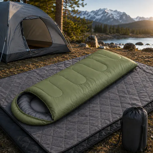 2-in-1 Winter Camping Warmth Kit with Carry Bag: 210 * 75cm Green Portable Waterproof Warm Sleeping Bag and 200 * 140cm Large Black Double Layer Waterproof Fleece Camping Blanket for Hiking Travel Indoor Outdoor Use