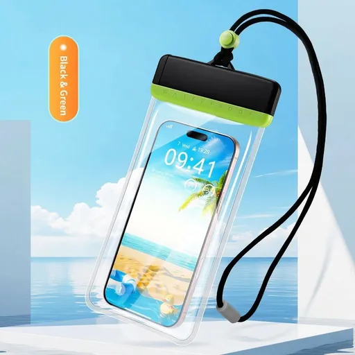 Waterproof Phone Pouch with Adjustable Lanyard, Touch-Sensitive Transparent Dry Bag for Swimming, Diving, Surfing, Hot Springs and Water Park Activities, Fits Most Smartphones (Black&Green)