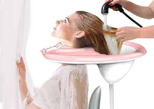 Inflatable Shampoo Basin with Drain Hose, Foldable Reclining Design, 230g Lightweight, Adjustable Neck Opening, Complete Accessories Set, Elderly & Pregnant Use(Pink)