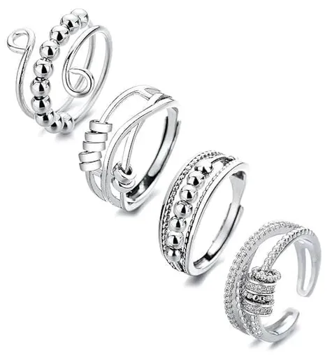 4pcs Fidget Spinner Rings for Women, Adjustable Anti-Stress Stackable Open Spinning Knuckle Rings, Stainless Steel