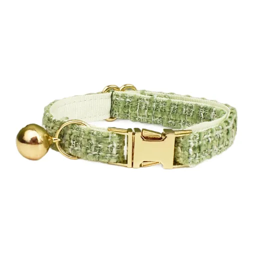 L Size Green Chic Tweed Pet Collar - Polyester with Gold Bell and Adjustable Buckle - Soft Lightweight Neckwear for Cats and Small Dogs, 20-32cm Fit
