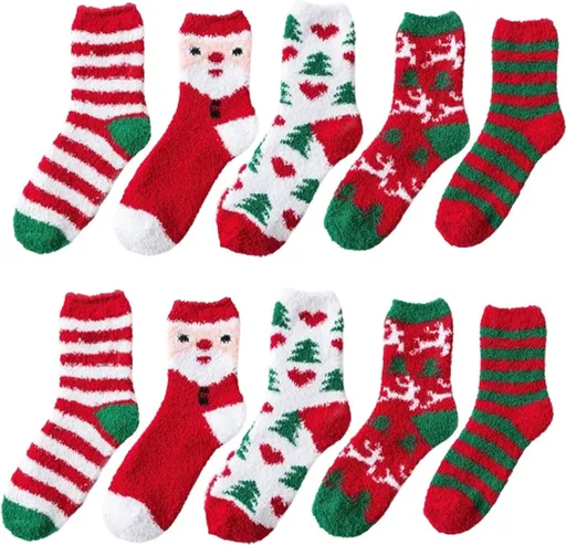 Christmas Socks - 5 Pairs - Ladies' House Socks - Christmas Socks - Heated Socks - Anti-Slip Socks - Bed Socks - Warm Socks - Christmas Gift for Women - Colorful Socks - Cheerful Socks - One Size - Thick - Socks - Fluffy Socks - Christmas Tree - Chri
