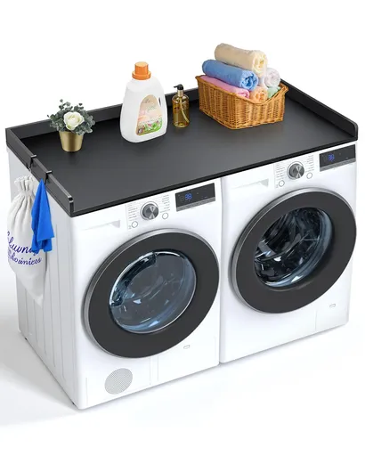 Washer Dryer Countertop, 54" x 27" Wooden Washer and Dryer Countertop, Water-Resistant Laundry Machine Topper Cover with Anti-Slip Pads, for Laundry Room Organization and Storage, Black