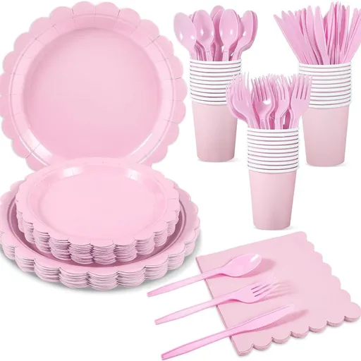7-Piece Pink Scalloped Party Tableware Set with Floral Wavy Edges – Elegant Disposable Paper Plates 7 / 9 inch, Tissues, Cups & Cutlery Kit for Birthdays Parties and Baby Showers (Serves 25 People)
