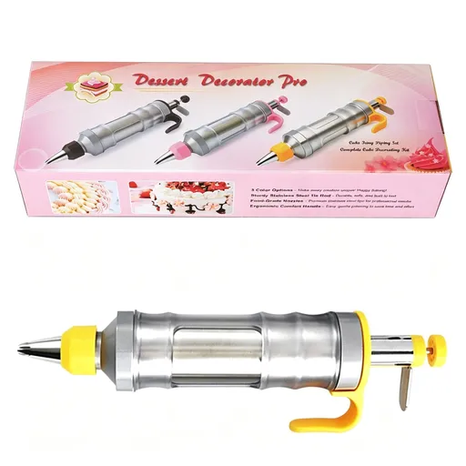 Bright Yellow Manual Cookie Press Kit with 6 Stainless Steel Piping Tips, Versatile DIY Baking Cream Piping Gun, Practical Home Dessert Decorating Tool, Great Christmas Present