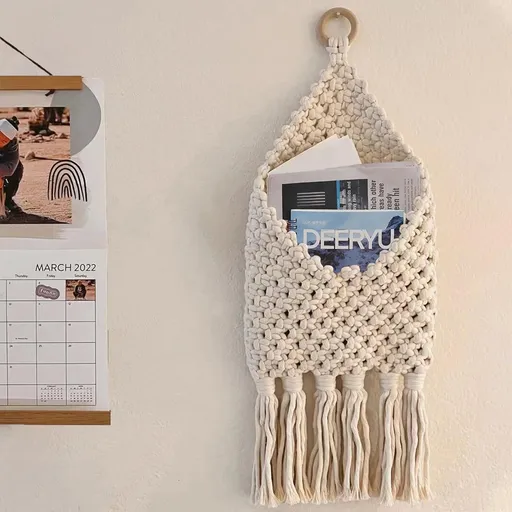 Hanging Woven Basket for Boho Home Office Decor, Over the Door Key and Mail Letter Envelope Holder for Entryway Hallway,white