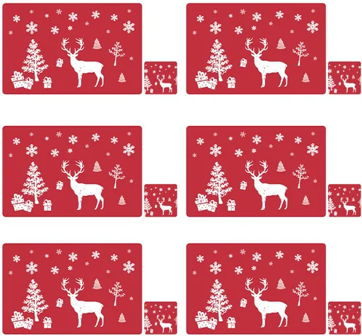 Placemats - Set of 12 - Christmas placemats - including coasters, Christmas placemats - heat-resistant and waterproof - suitable for Christmas parties and table decorations (Red)