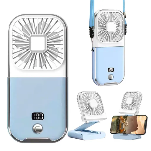 Foldable Mini Portable Fan, 5 in 1 Design, Rechargeable Battery, 4 Speed Adjustable Wind Speed, (Blue and White)