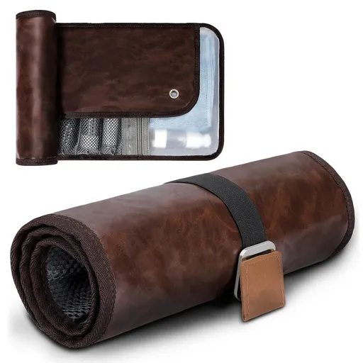 Toilet bag travel set, waterproof bathroom roll storage bag, used for shaving kit, toiletries accessories Shaving kit, Gifts for men（light brown）
