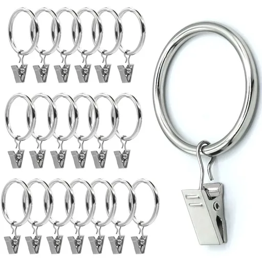 Silver Curtain Rings with Clips Set of 20 Heavy Duty Curtain Hooks for Drapes, Caps, Pictures - fits on Rod