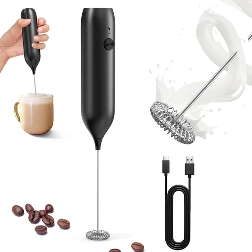 Rechargeable Handheld Milk Frother with Stainless Steel Whisk for Coffee, Latte, Matcha, Hot Chocolate and Protein Drinks, Black