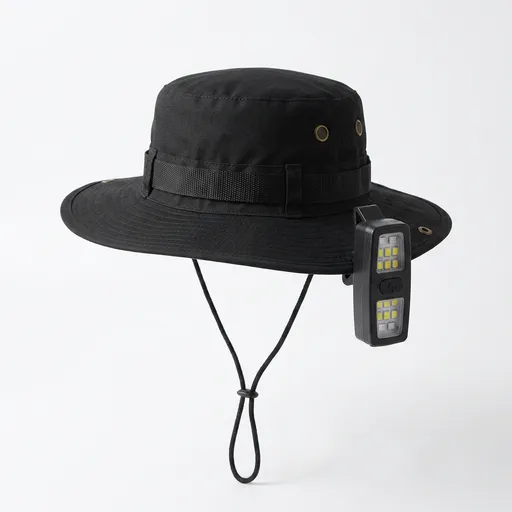 Black Outdoor Sun Protection and Safety Light Bundle - Foldable Polyester Bucket Hat with Wide Brim and Adjustable Chin Strap plus Rechargeable Mini Clip LED Safety Light for Hiking Camping Night Running