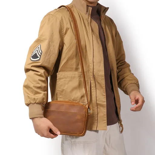 Men's Full Grain Leather Crossbody Bag Casual Commuter Shoulder Bag Vintage Messenger Multi-Function Clutch Brownish Yellow Ideal Christmas Gift