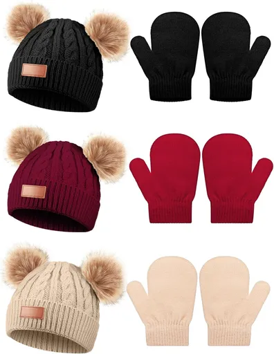 3 Set Toddler Hat Glove Set, Kids Hats Winter Warm Knitted Beanie Mittens Gloves for Baby Girls Boys 0-6Y(Black, Red, Light Brown)