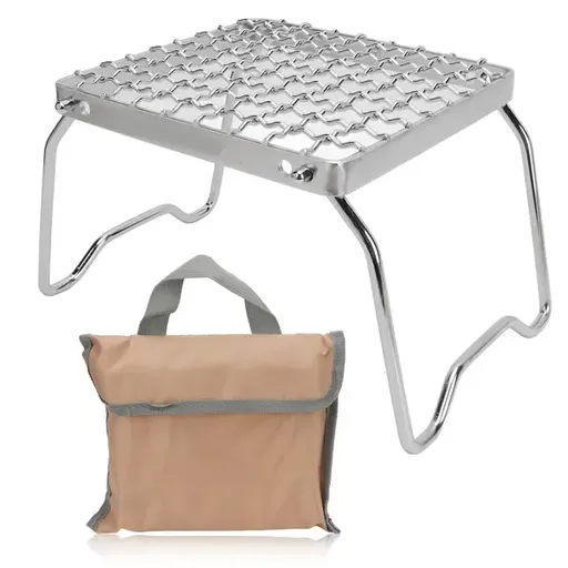 1 Piece Foldable Campfire Grill Stand, Stainless Steel Adjustable Mini Stove Rack for Camping, Picnics and BBQs, Silver, 16 x 16 cm