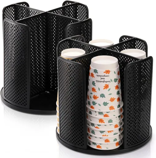 2 Pack Coffee Cup Dispenser, Rotatable 4 Compartment and Lid Holder, Plastic Paper Storage Organizer for Office Restaurant Breakroom Station Bar Buffet Kitchen Countertop