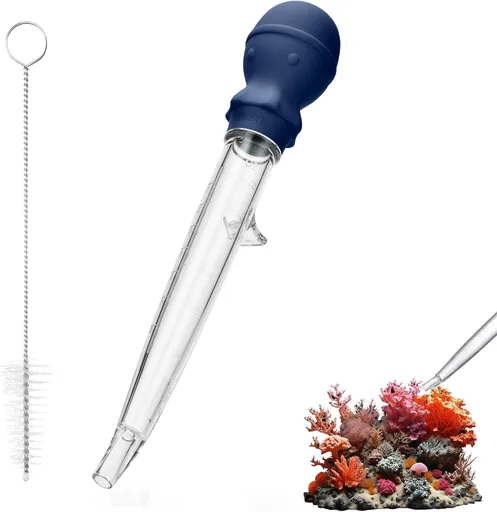 Aquarium Pipette Cleaner: 1.5oz Coral Feeder for Fish Tank Cleaning, Manual Feeding Tube, Food Grade Siphon Dropper, Waste Remover with Strong Suction & Stand & Brush (11.98in, Midnight Blue)