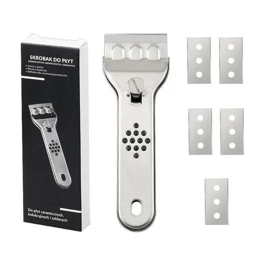 Stainless Steel Multi-Functional Cleaning Scraper, Glue & Stain Remover for Glass Tile, with 5 Replacement Blades