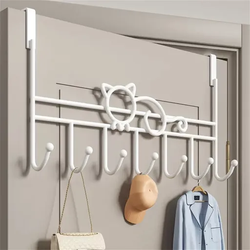 Over the Door Hook,Cat Design Wall Hooks Over Door Hook with 7 Hooks for Back of Bedroom Bathroom Door Punch-Free Coat Rack Organizer Clothes Key Holder Towel Door Coat Hanger,Black White