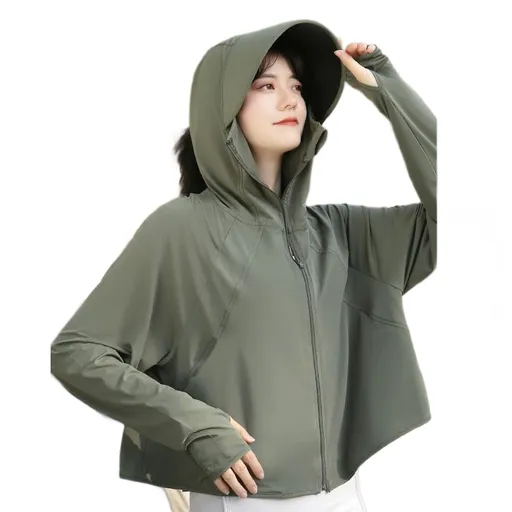 Green UPF50+ Sun Protection Hoodie for Women - Breathable Polyester Long Sleeve Cover-Up with Face Mask, Lightweight 300g Design for Outdoor Cycling Beach Travel