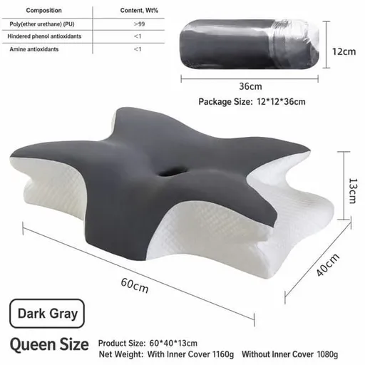 Butterfly Shaped Memory Foam Pillow, Ergonomic Orthopedic Support Pillow for Neck Pain Relief, Ice‑Silk Cover Sleep Pillow for Side Back Stomach Sleeper, Queen Size 60×40×13cm, Dark Grey