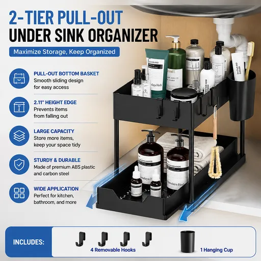 Black Under Sink Organizer with Pull-Out Drawer, 4 Hooks and Hanging Cup - 2 Tier Cabinets Storage Rack for Kitchen & Bathroom, Tool-Free Assembly, Fits Full-Size Cleaning Supplies & Toiletries, Space Saving