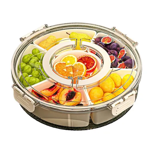 Divided Serving Tray with Lid and Handle,360 Rotatable Sealed Snackle Box,6 Compartment Food-Grade Veggie Fruit Container for Party Picnic Travel,White 11.02x3.15in