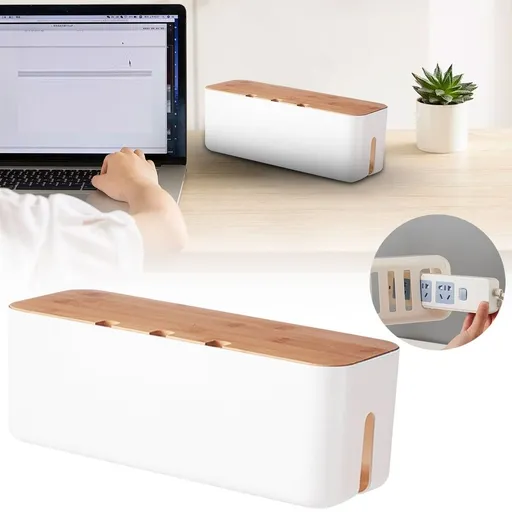 Cable Management Box, Wood Lid, Cord Organizer for Desk Computer USB Hub System to Cover and Hide & Power Strips & Cords, A
