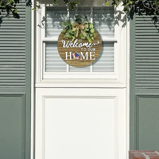 Welcome Sign for Front Door Density Board Hanging Round Plaque Front Door Sign Wreath Decoration for Home Porch