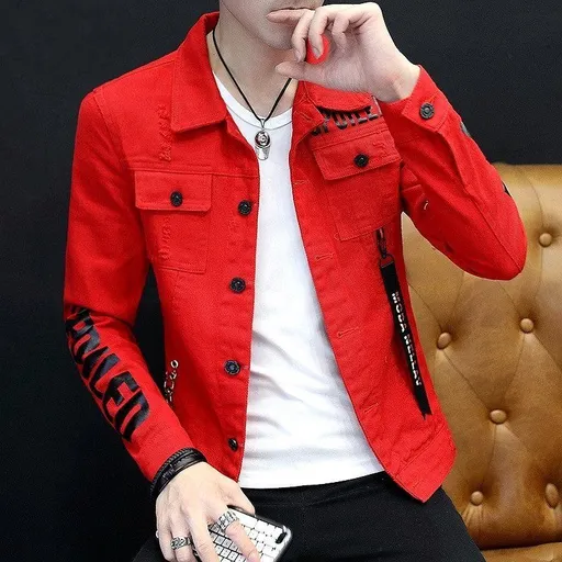 Tiwang Men Slim Korean Denim Jacket Long Sleeve Chao Brand House 181 Red